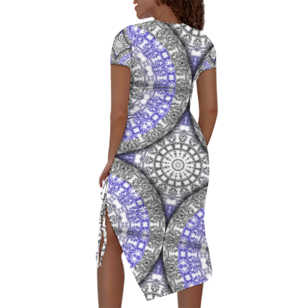 Blue and White Vines Pattern Custom Women's Split Dress Summer Stylish Short Sleeve Dress