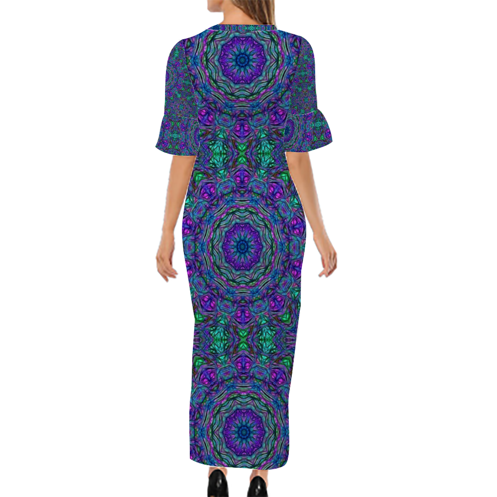 Blue Green Purple Kaleidoscope Custom Lotus Leaf Short Sleeve Long Dress Women's Summer Fashion Dress