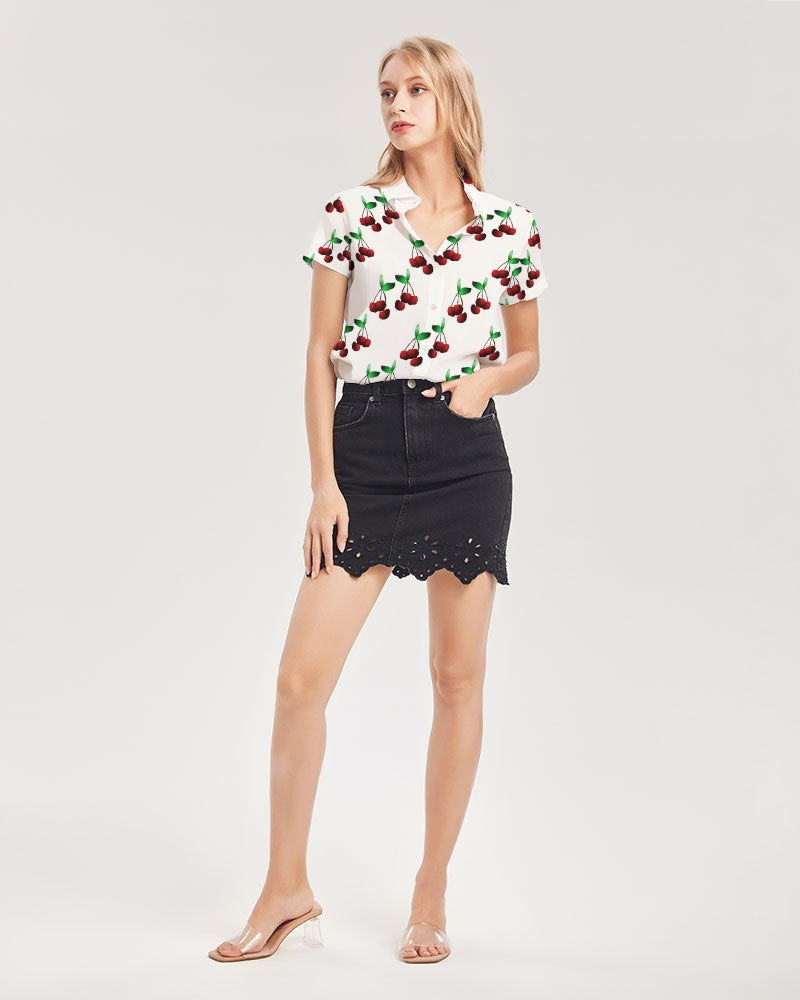 Cherries Pattern Women's All-Over Print Short Sleeve Button Up