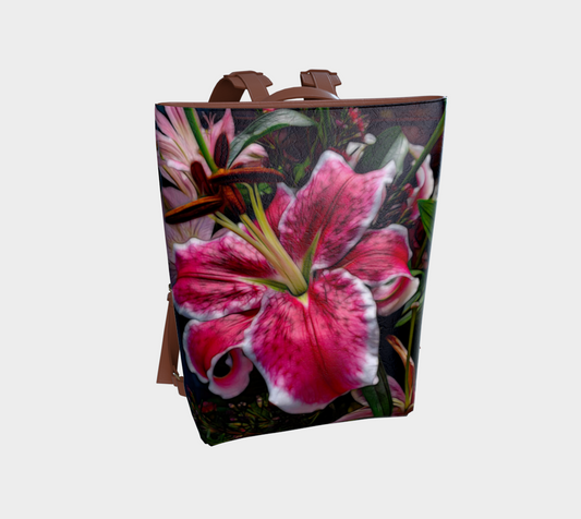 Big Petaled Pink and White Lily Vegan Leather Backpack