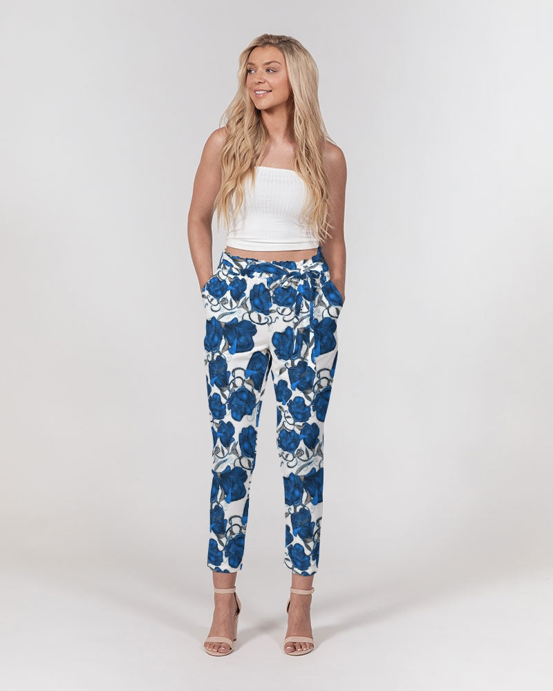 Blue Roses Women's All-Over Print Belted Tapered Pants