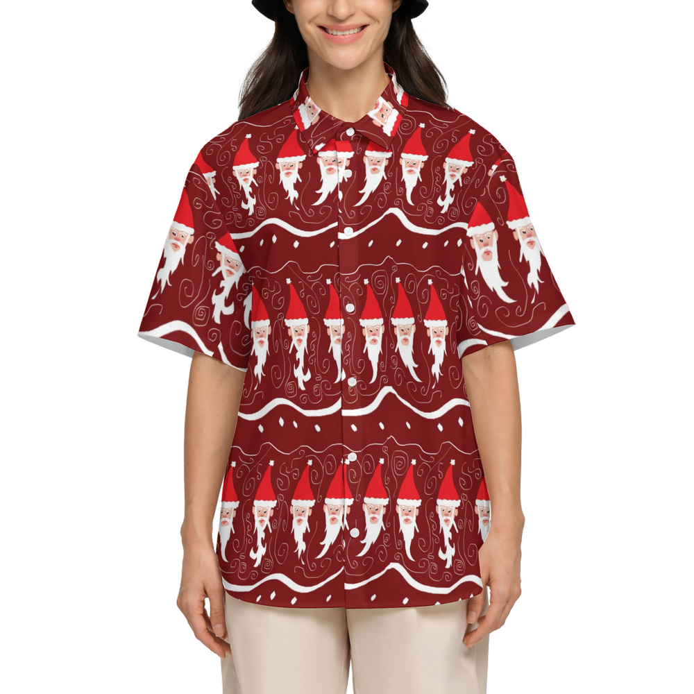 Bearded Santa Pattern Women's Short-Sleeve Button-Up Shirt-Cotton Feel