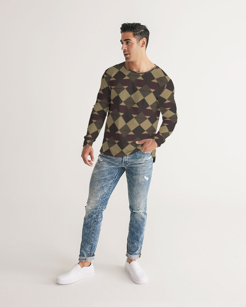 Checkered Brown Plaid Argyle Men's All-Over Print Long Sleeve Tee