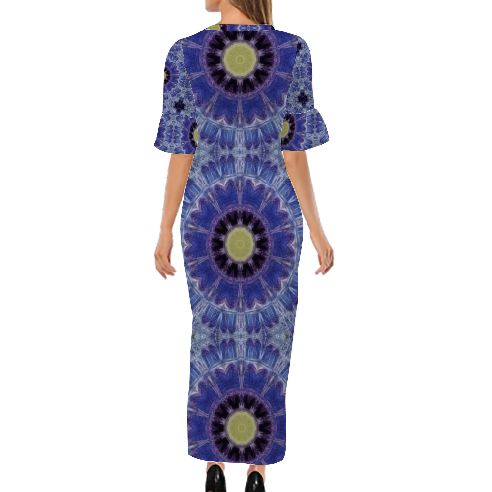 Blue Cathedral Kaleidoscope Custom Lotus Leaf Short Sleeve Long Dress Women's Summer Fashion Dress