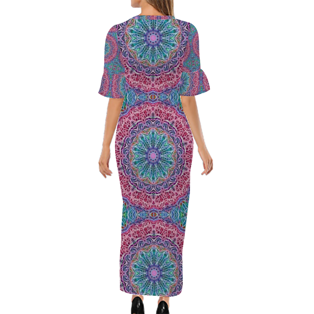 Blue and Pink Kaleidoscope Custom Lotus Leaf Short Sleeve Long Dress Women's Summer Fashion Dress