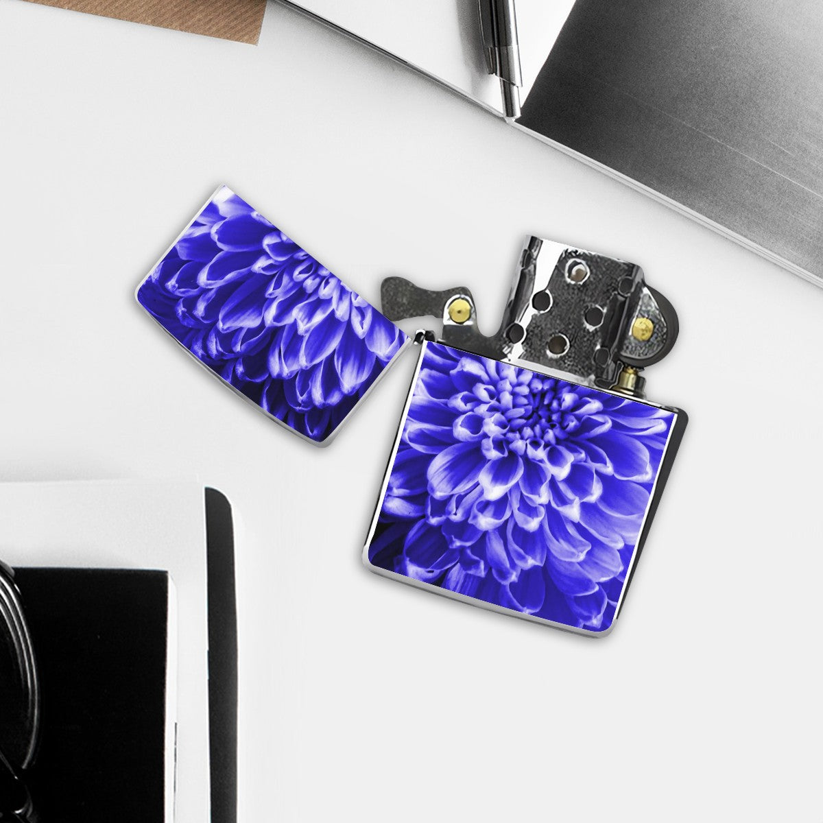 Metal Lighter Case Blue Chrysanthemum