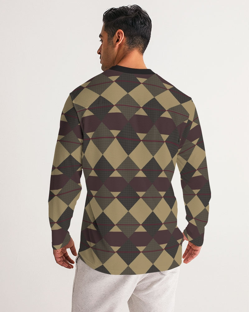 Checkered Brown Plaid Argyle Men's All-Over Print Long Sleeve Sports Jersey