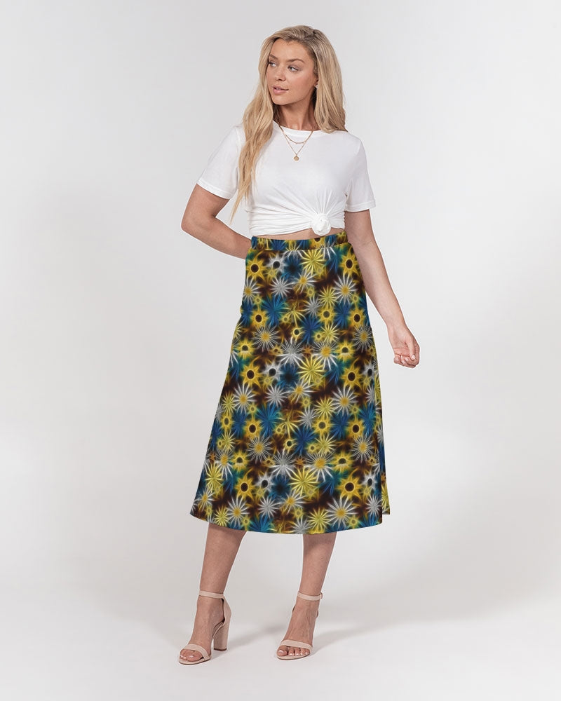 Blue and Yellow Glowing Daisies Women's All-Over Print A-Line Midi Skirt