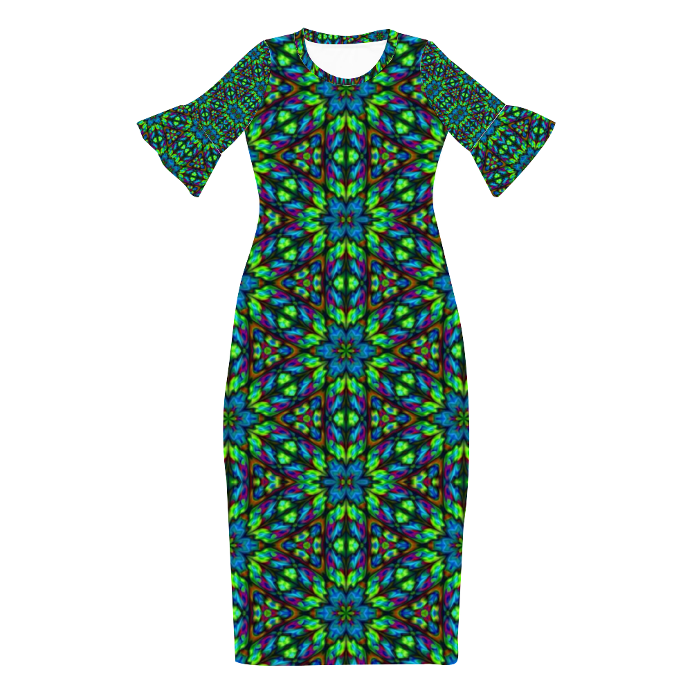 Blue Green Kaleidoscope Custom Lotus Leaf Short Sleeve Long Dress Women's Summer Fashion Dress