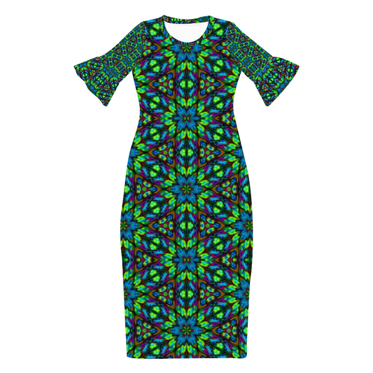 Blue Green Kaleidoscope Custom Lotus Leaf Short Sleeve Long Dress Women's Summer Fashion Dress