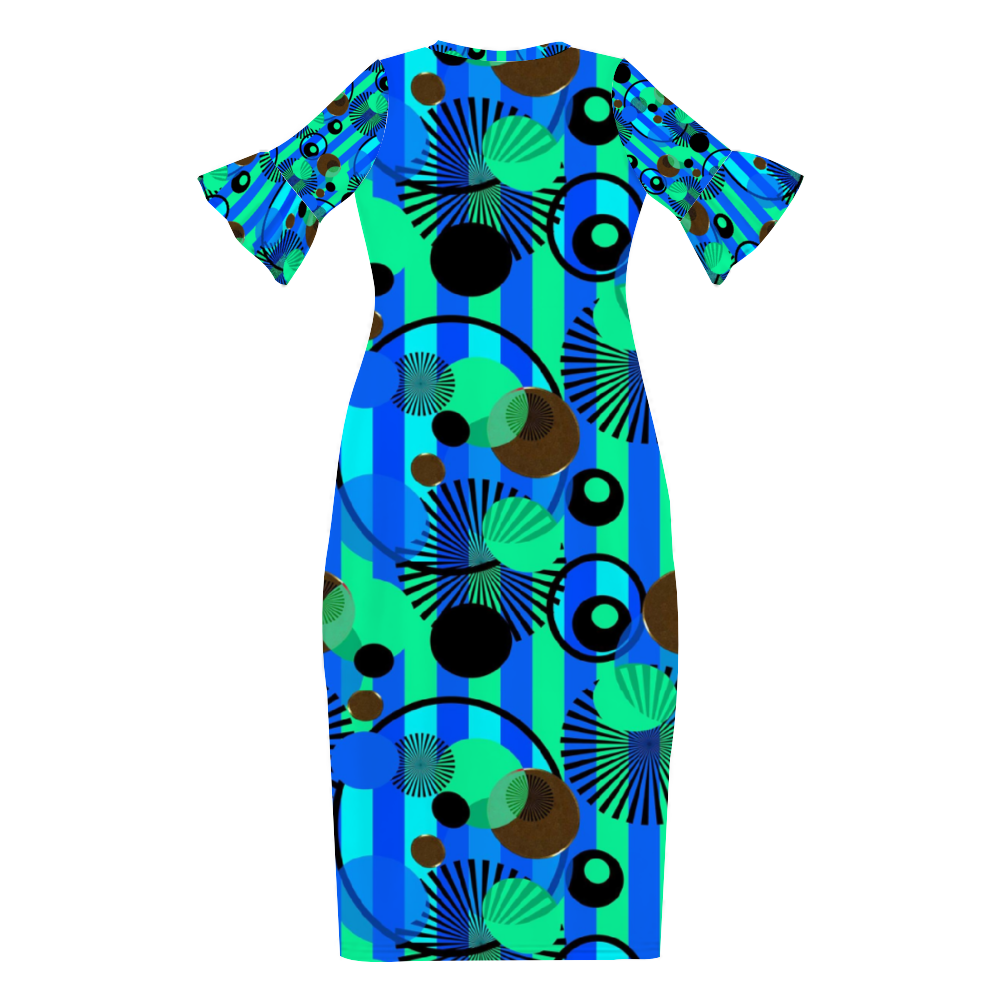 Blue Green Stripes and Dots Custom Lotus Leaf Short Sleeve Long Dress Women's Summer Fashion Dress