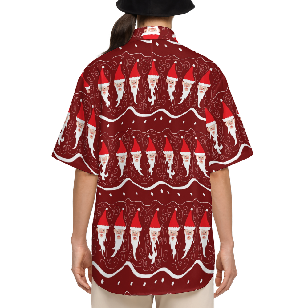 Bearded Santa Pattern Women's Short-Sleeve Button-Up Shirt-Cotton Feel