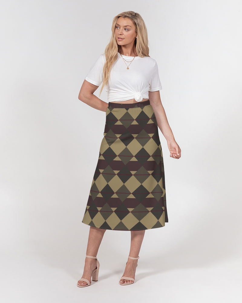 Checkered Brown Plaid Argyle Women's All-Over Print A-Line Midi Skirt