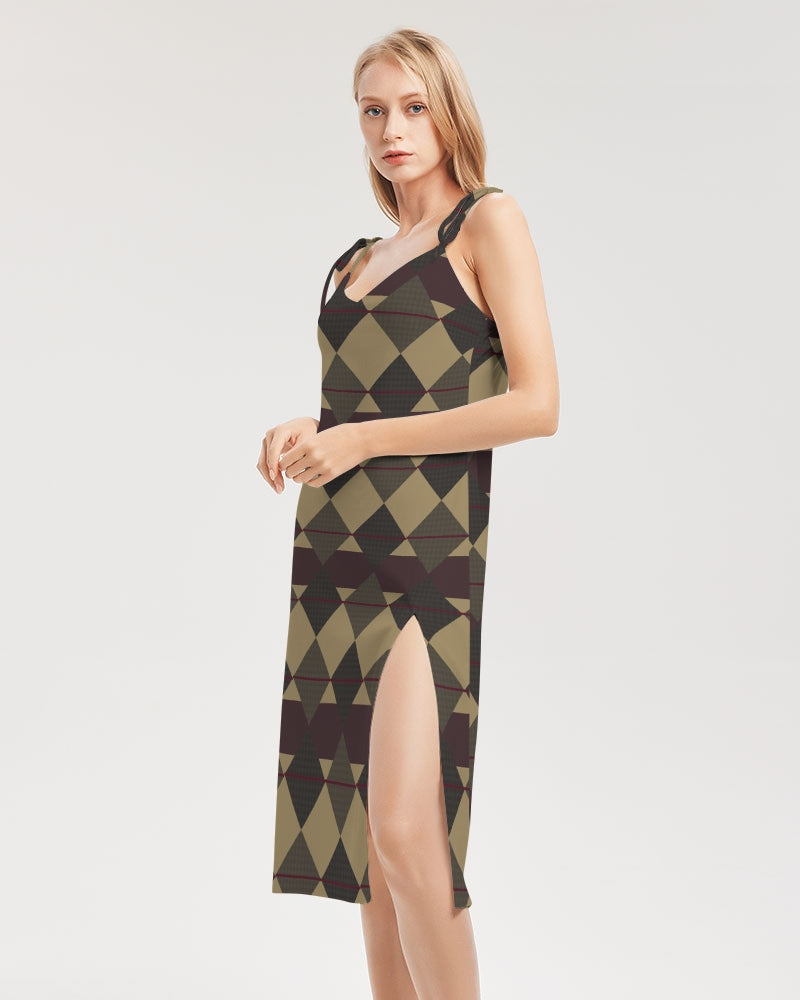 Checkered Brown Plaid Argyle Women's All-Over Print Tie Strap Split Dress