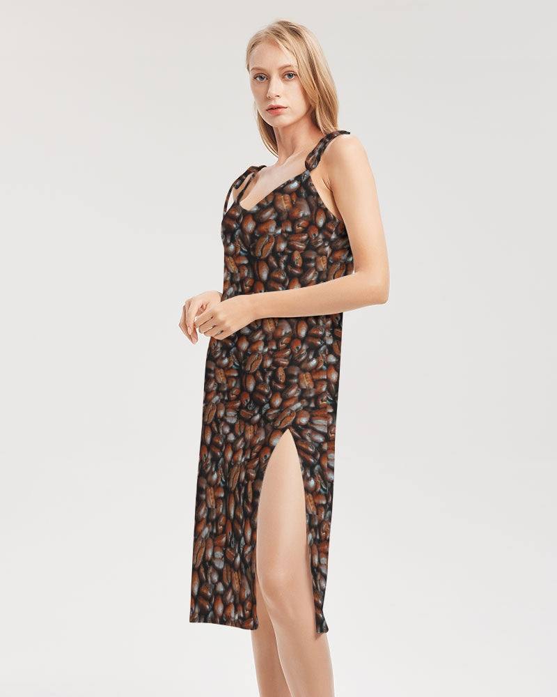 Coffee Bean Pattern Women's All-Over Print Tie Strap Split Dress