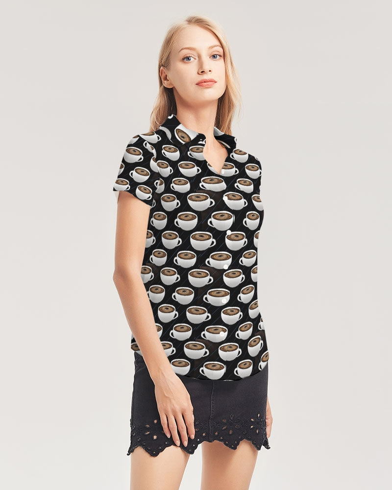 Coffee Pattern Women's All-Over Print Short Sleeve Button Up