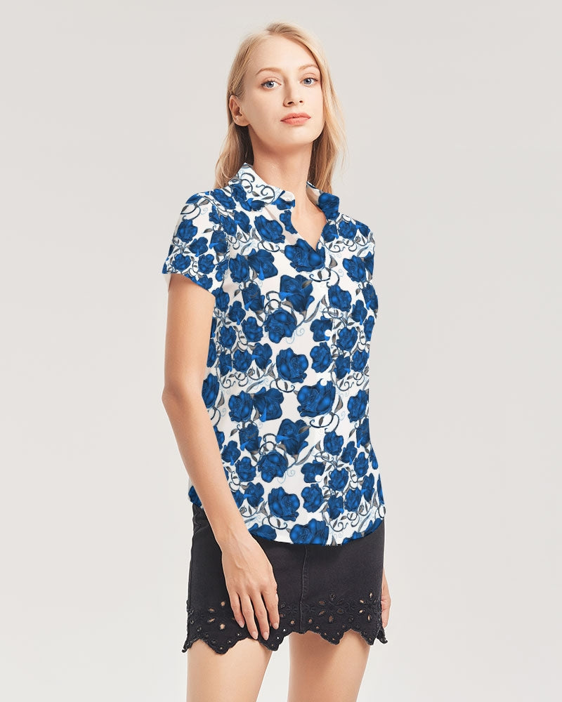 Blue Roses Women's All-Over Print Short Sleeve Button Up