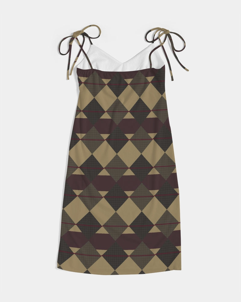 Checkered Brown Plaid Argyle Women's All-Over Print Tie Strap Split Dress