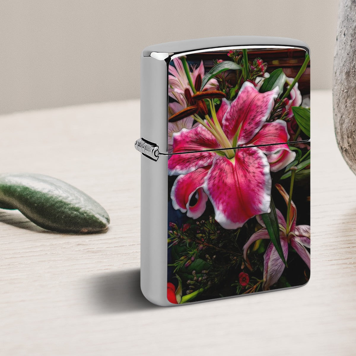 Metal Lighter Case Big Petaled Pink and White Lily