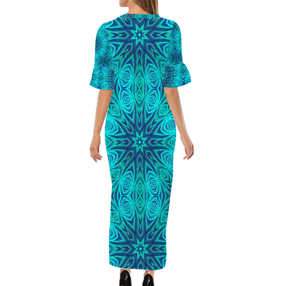 Blue Ice Fractal Kaleidoscope Custom Lotus Leaf Short Sleeve Long Dress Women's Summer Fashion Dress