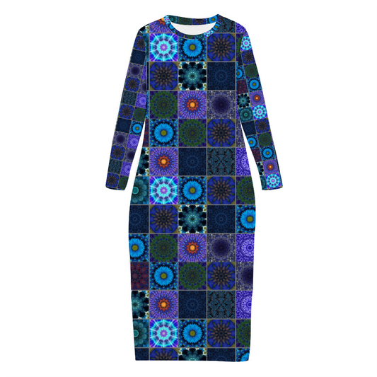 Blue Crazy Quilt Custom Women's Long Sleeve Dress Summer All Over Print Stylish Long Dress