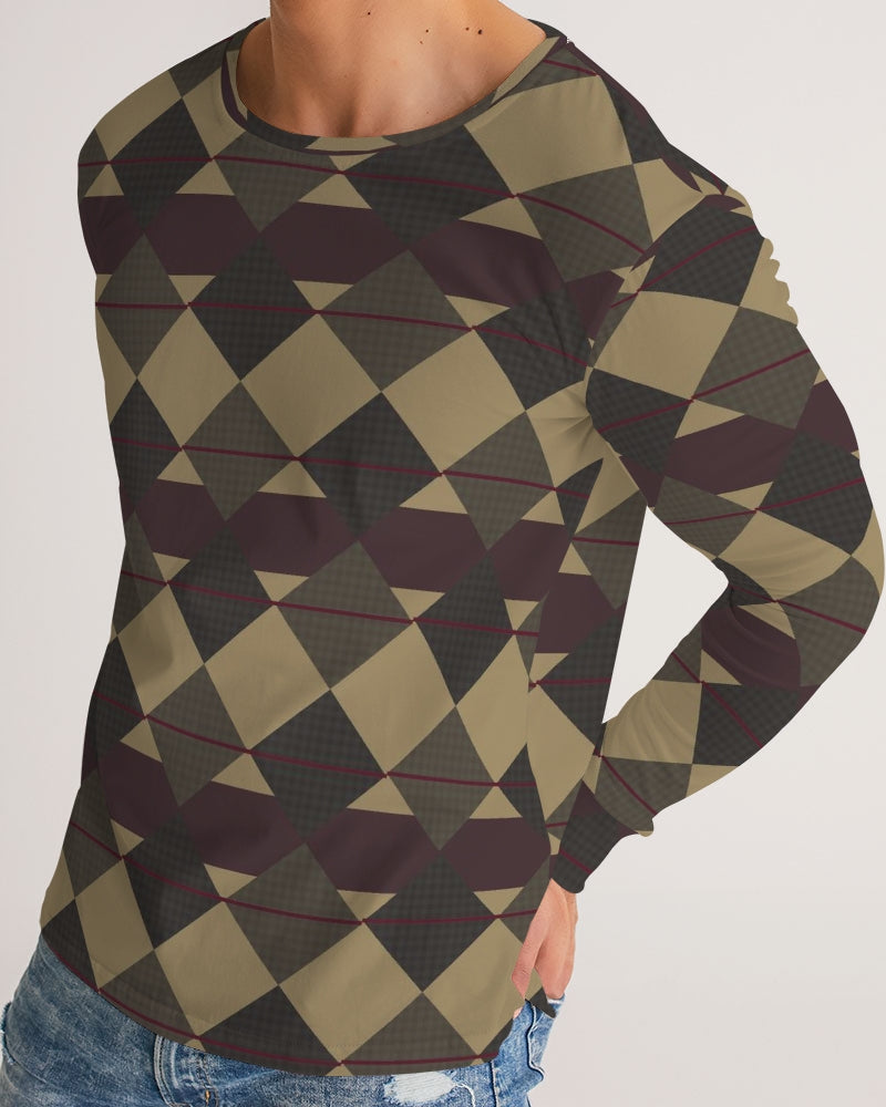 Checkered Brown Plaid Argyle Men's All-Over Print Long Sleeve Tee