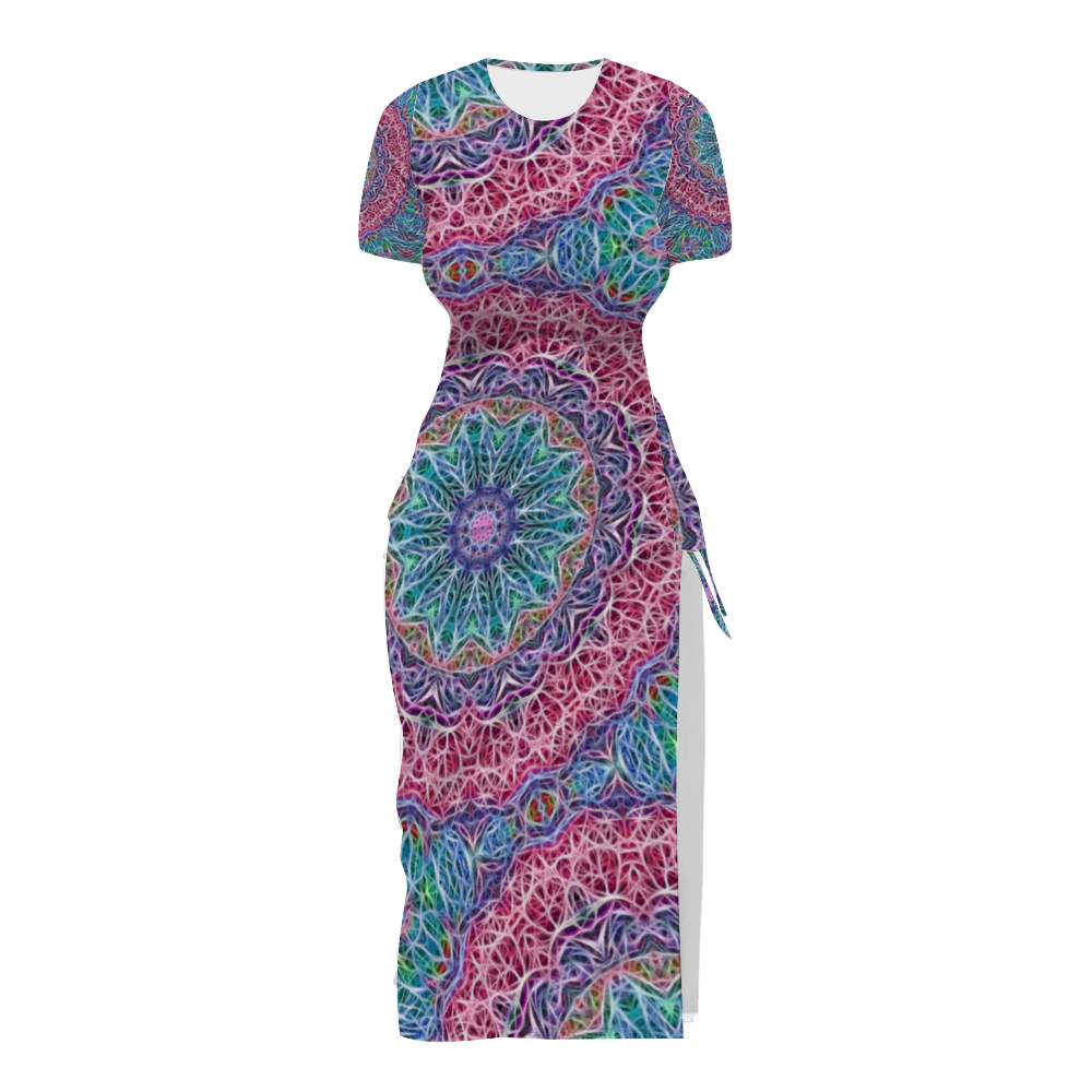 Blue and Pink Kaleidoscope Custom Women's Split Dress Summer Stylish Short Sleeve Dress