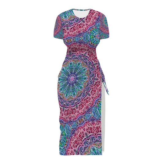 Blue and Pink Kaleidoscope Custom Women's Split Dress Summer Stylish Short Sleeve Dress