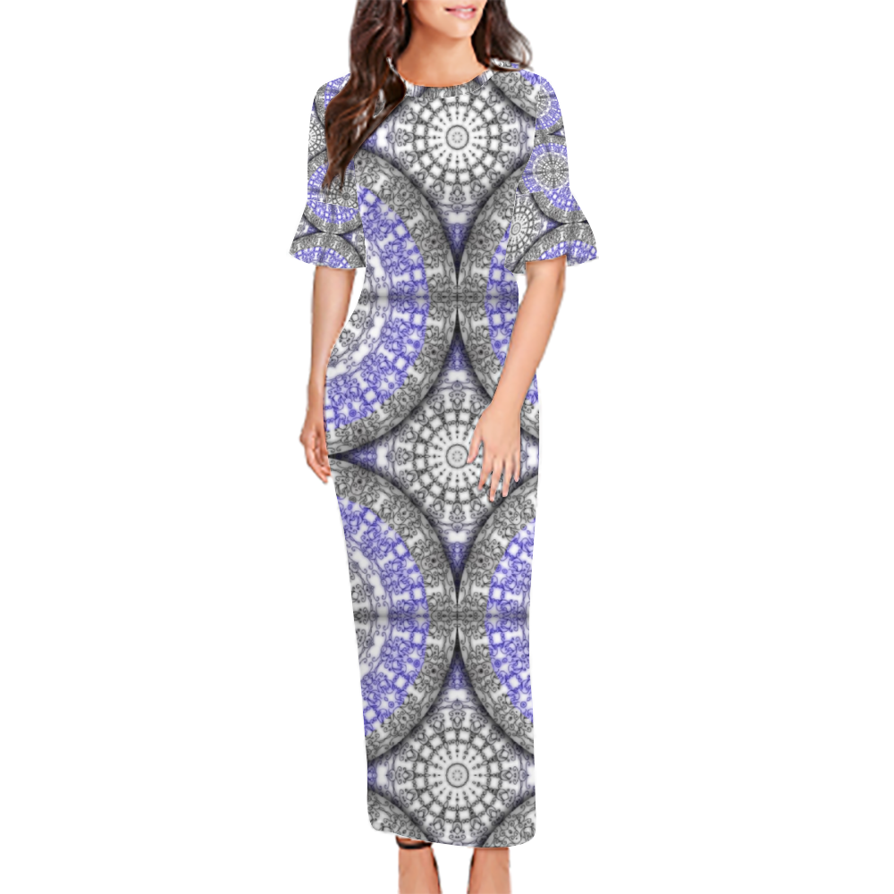 Blue and White Vines Pattern Custom Lotus Leaf Short Sleeve Long Dress Women's Summer Fashion Dress