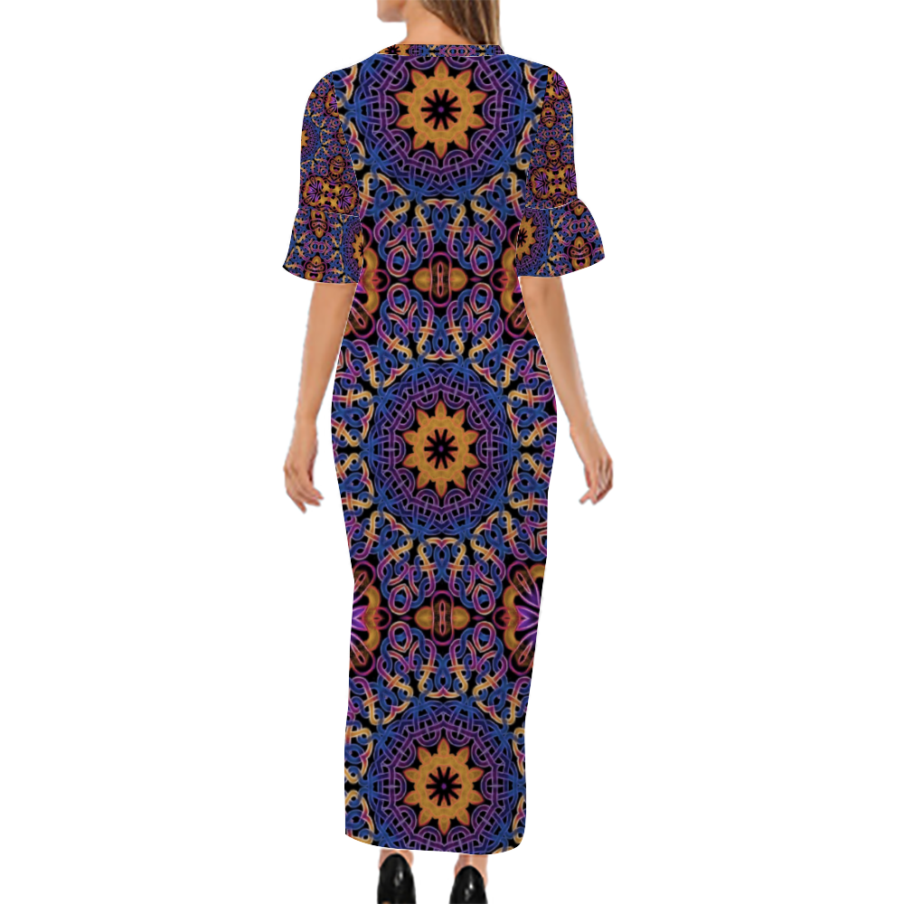 Blue Gold Celtic Kaleidoscope Custom Lotus Leaf Short Sleeve Long Dress Women's Summer Fashion Dress