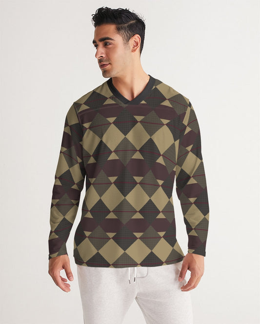 Checkered Brown Plaid Argyle Men's All-Over Print Long Sleeve Sports Jersey