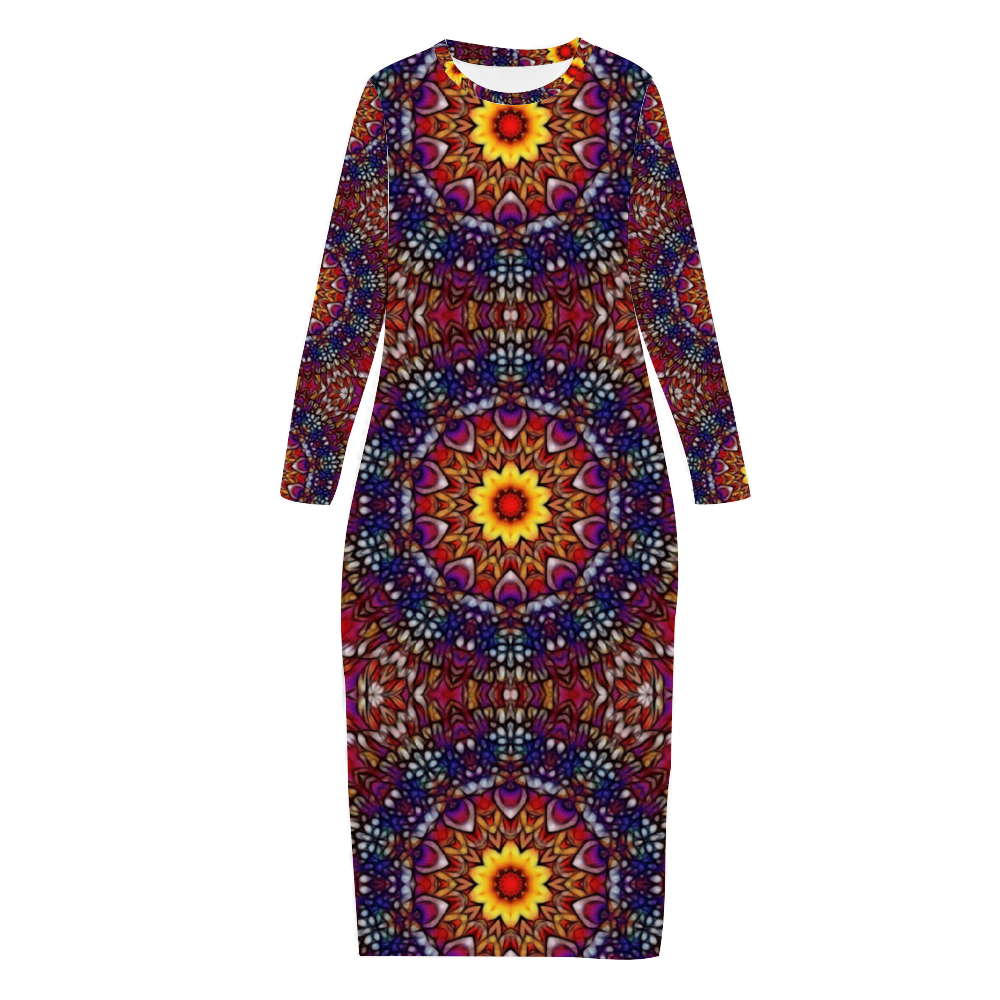 Blue Red Purple Kaleidoscope Custom Women's Long Sleeve Dress Summer All Over Print Stylish Long Dress