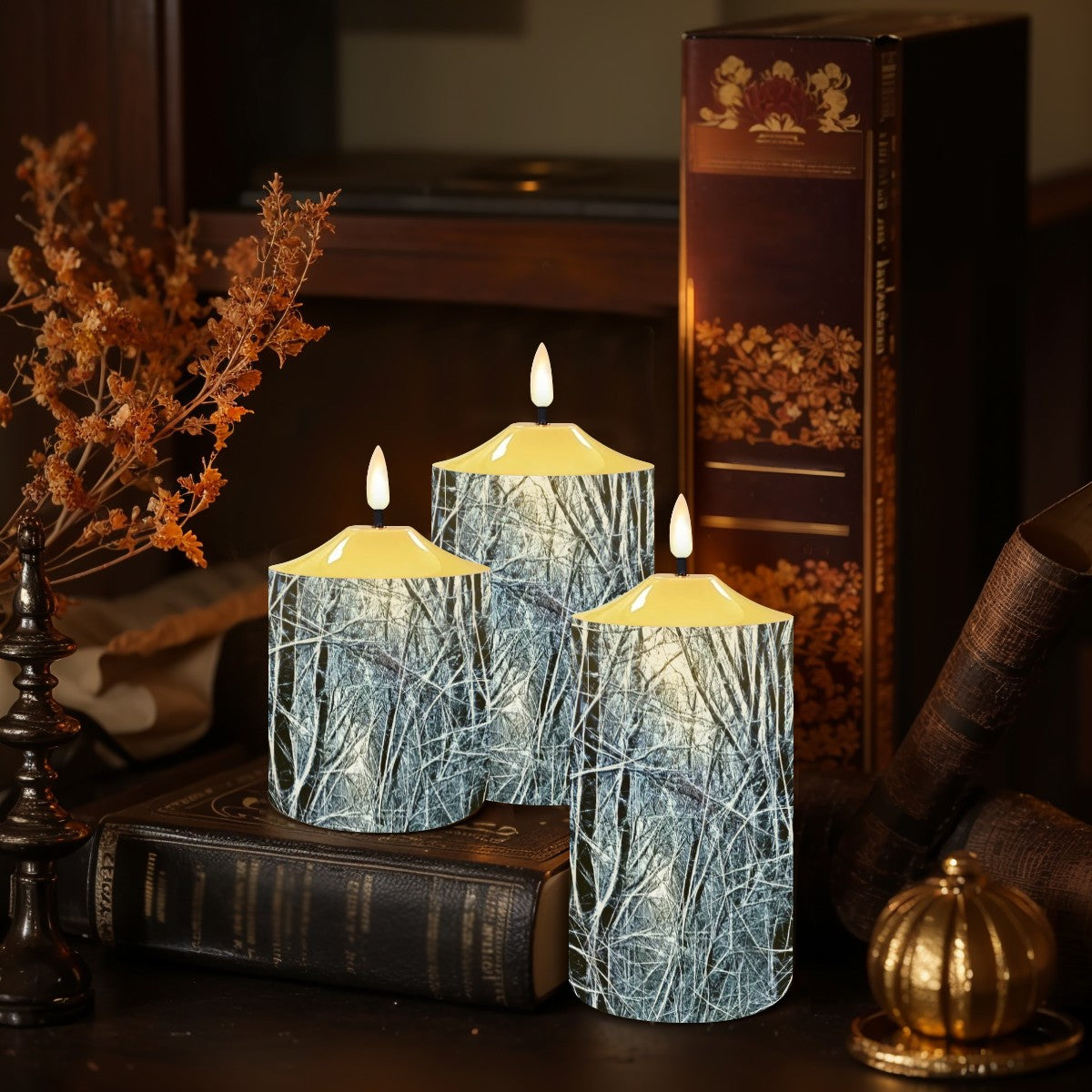 Flameless Candles Lamp Set of 3 4 Oclock Winter Landscape