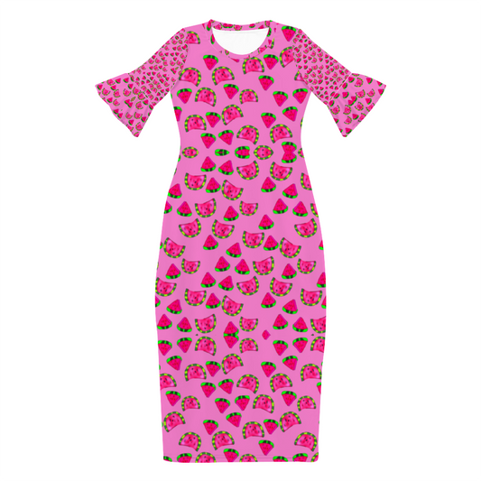 Watermelon Pattern Custom Lotus Leaf Short Sleeve Long Dress Women's Summer Fashion Dress