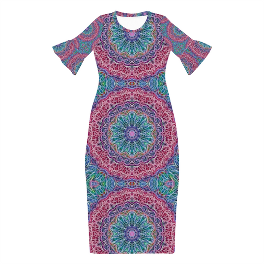 Blue and Pink Kaleidoscope Custom Lotus Leaf Short Sleeve Long Dress Women's Summer Fashion Dress