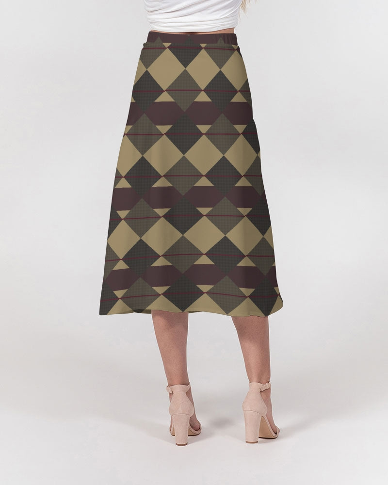 Checkered Brown Plaid Argyle Women's All-Over Print A-Line Midi Skirt