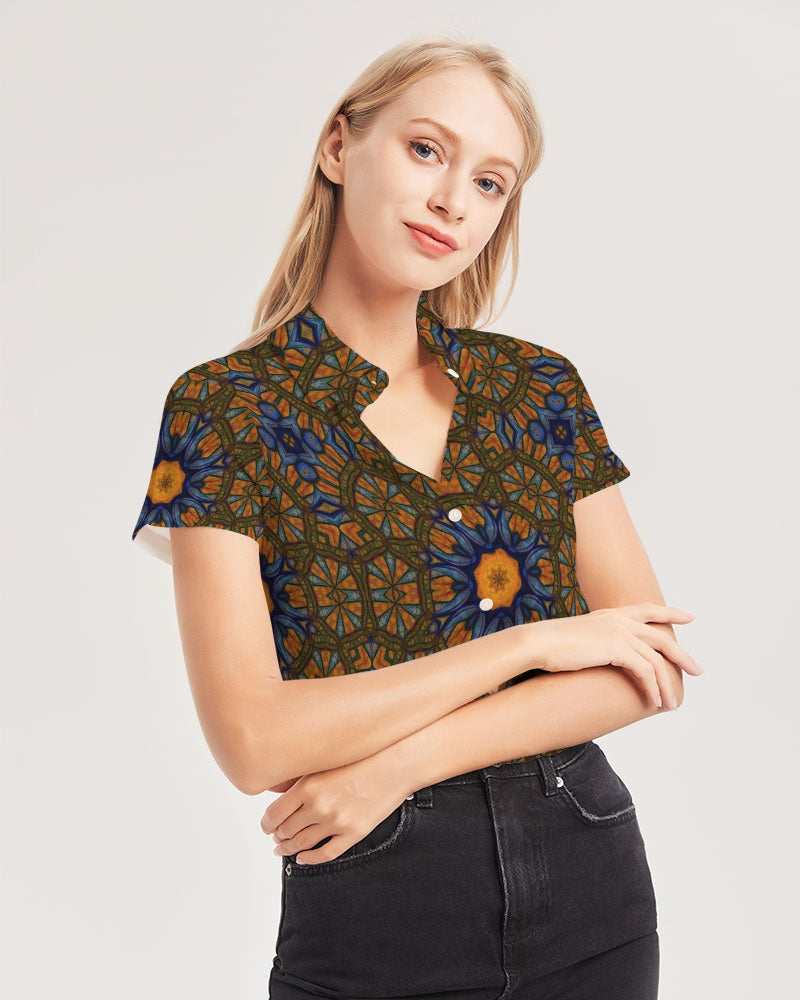 Blue and Yellow Sketch Kaleidoscope  Women's All-Over Print Short Sleeve Button Up