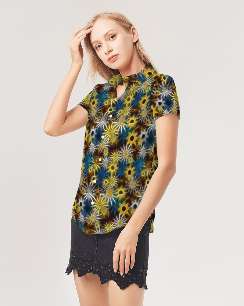 Blue and Yellow Glowing Daisies Women's All-Over Print Short Sleeve Button Up