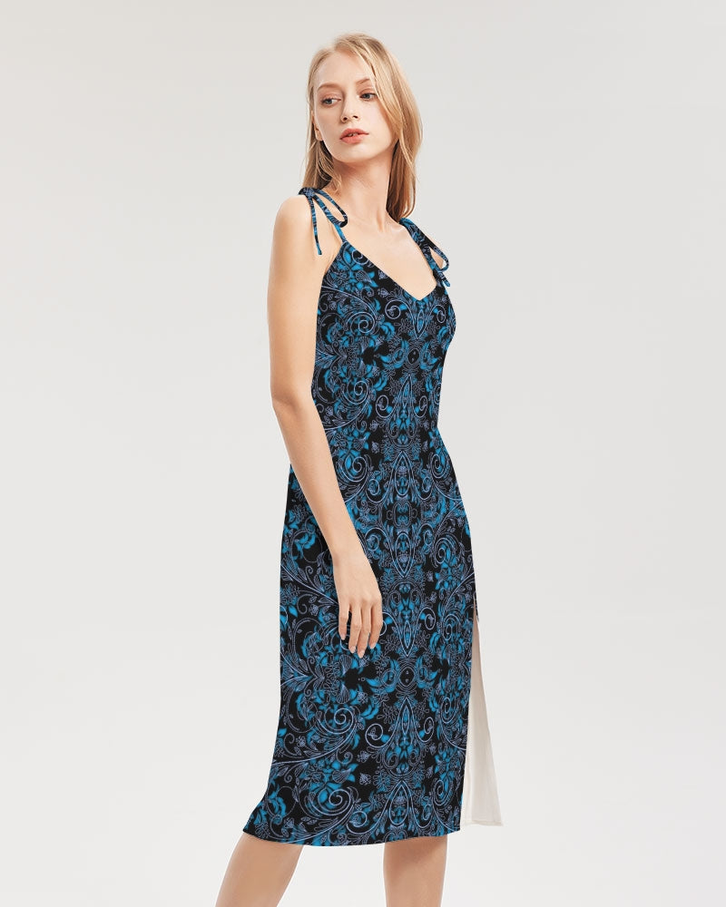 Blue Vines and Lace Women's All-Over Print Tie Strap Split Dress