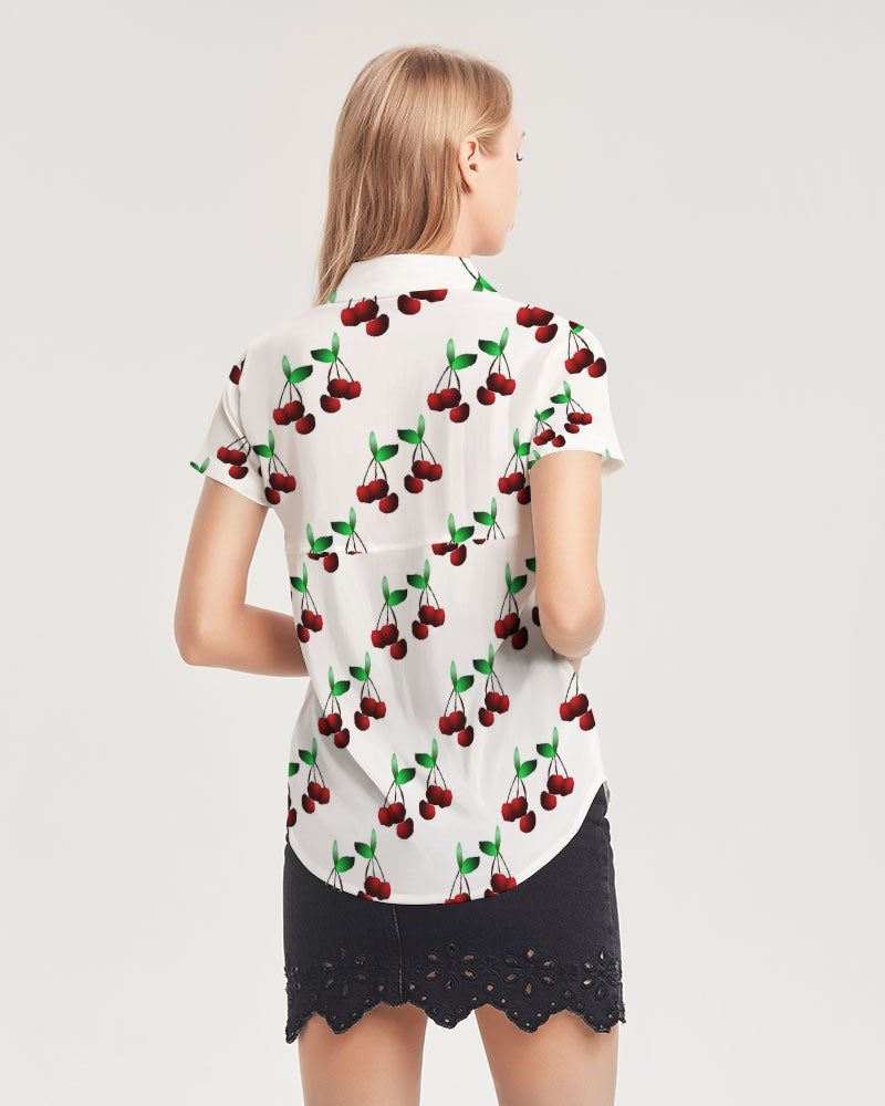 Cherries Pattern Women's All-Over Print Short Sleeve Button Up