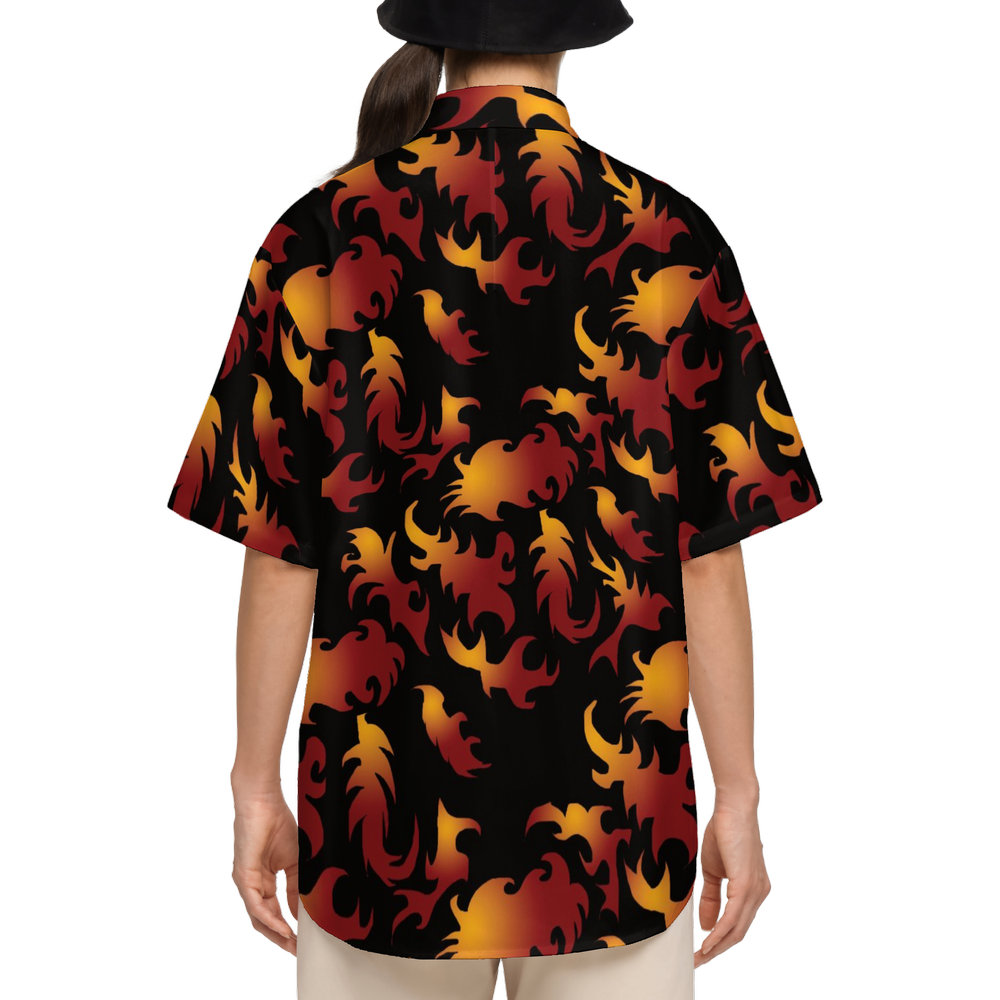 Abstract Flames Pattern Women's Short-Sleeve Button-Up Shirt-Cotton Feel