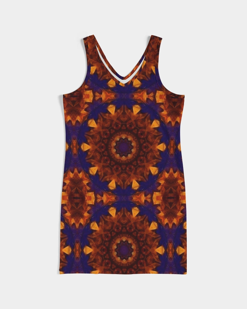 Blue Orange Red Kaleidoscope Women's All-Over PrintRib Knit V Neck Mini Dress