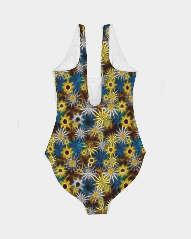 Blue and Yellow Glowing Daisies Women's All-Over Print One-Piece Swimsuit