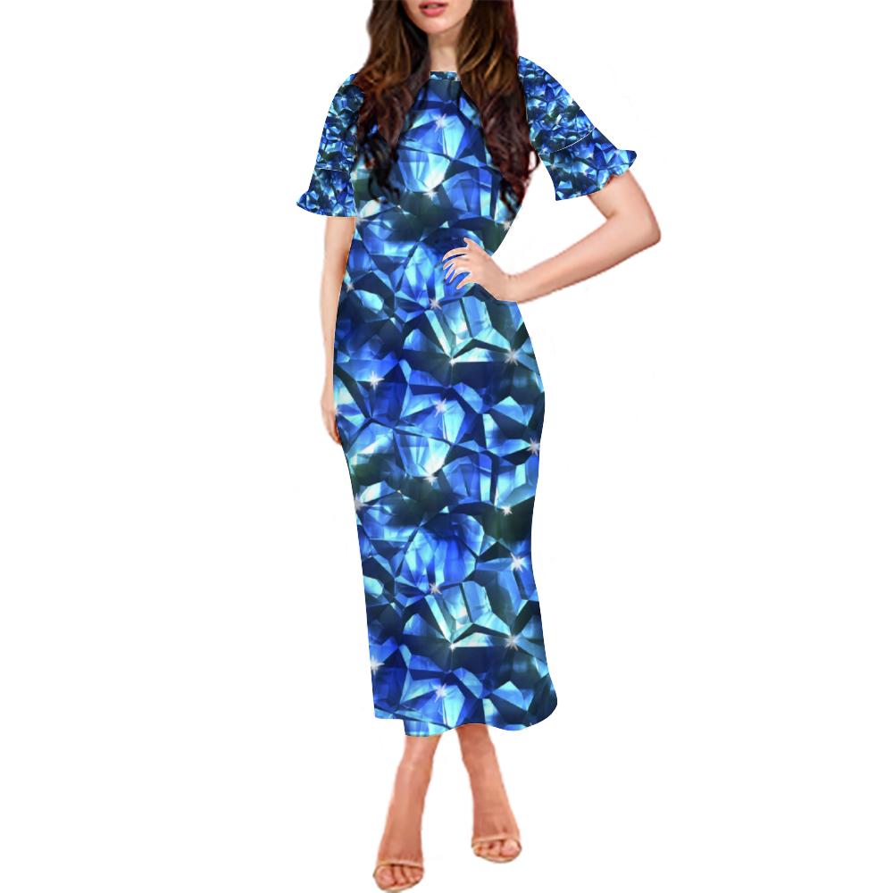 Blue Crystal Pattern Custom Lotus Leaf Short Sleeve Long Dress Women's Summer Fashion Dress