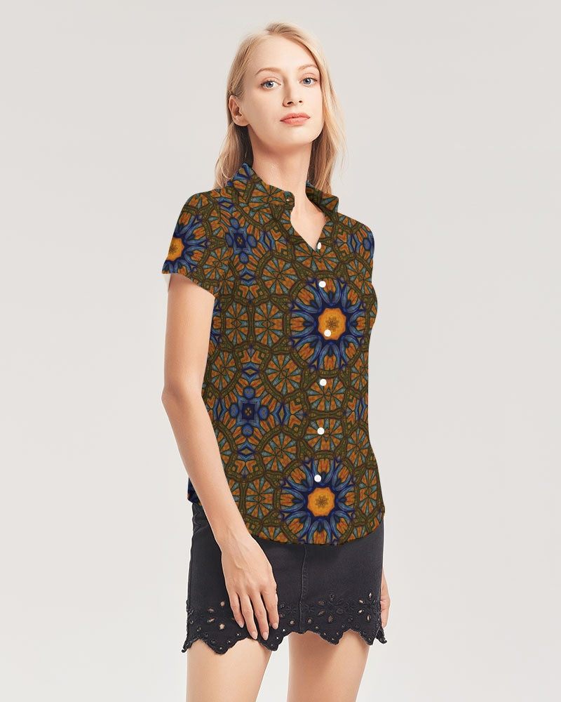 Blue and Yellow Sketch Kaleidoscope  Women's All-Over Print Short Sleeve Button Up
