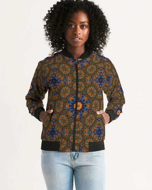 Blue and Yellow Sketch Kaleidoscope  Women's All-Over Print Bomber Jacket