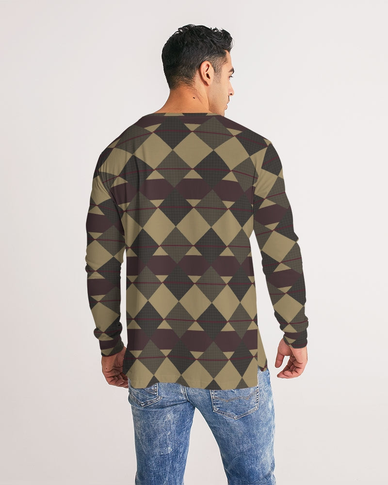 Checkered Brown Plaid Argyle Men's All-Over Print Long Sleeve Tee