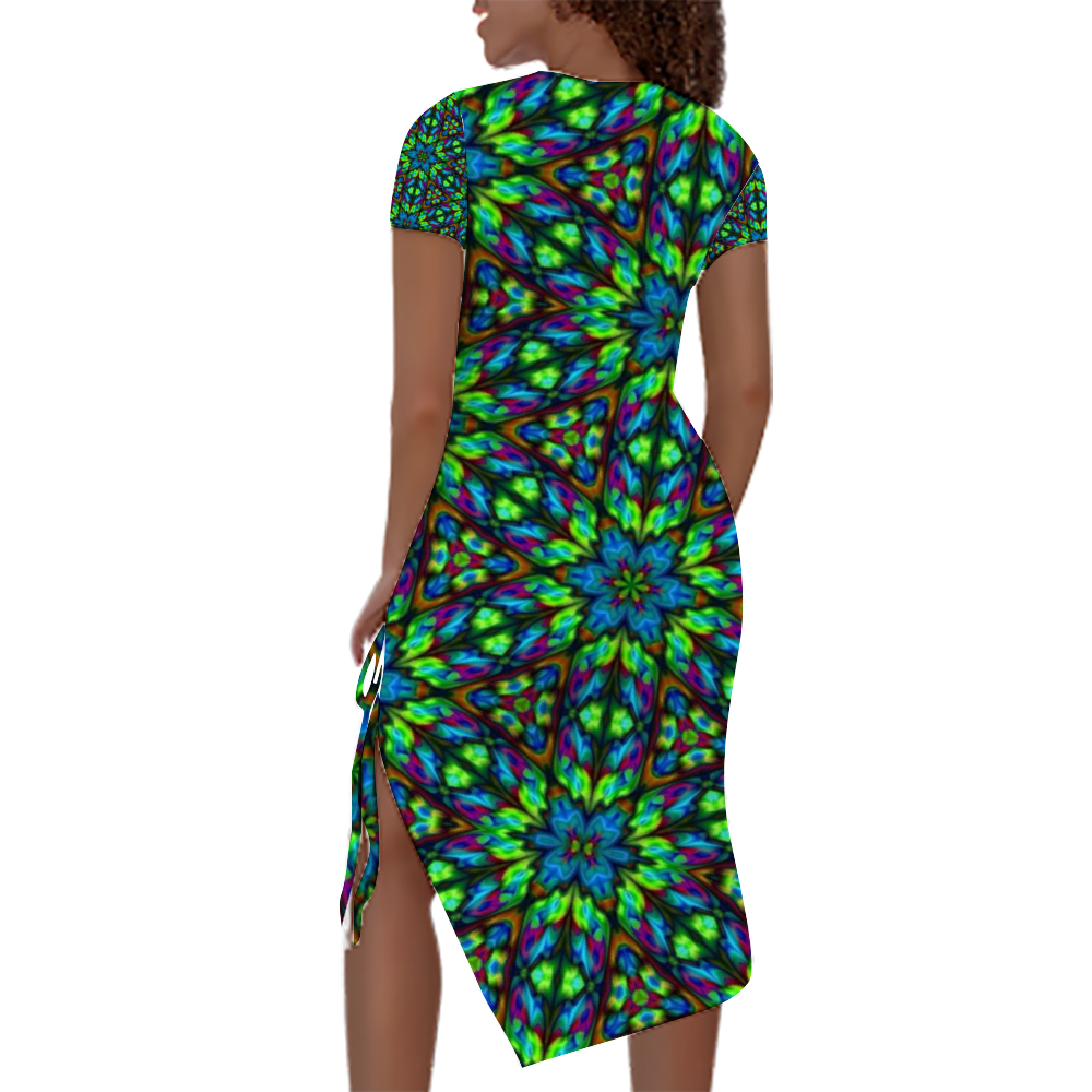 Blue Green Kaleidoscope Custom Women's Split Dress Summer Stylish Short Sleeve Dress