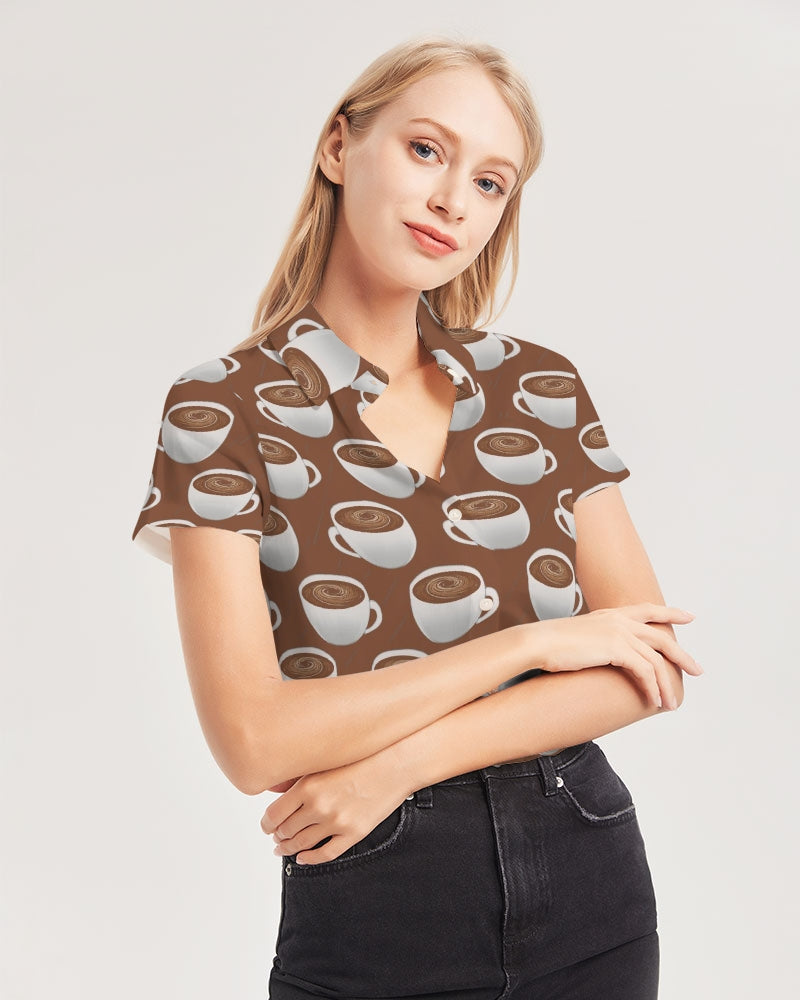 Coffee on Coffee Women's All-Over Print Short Sleeve Button Up