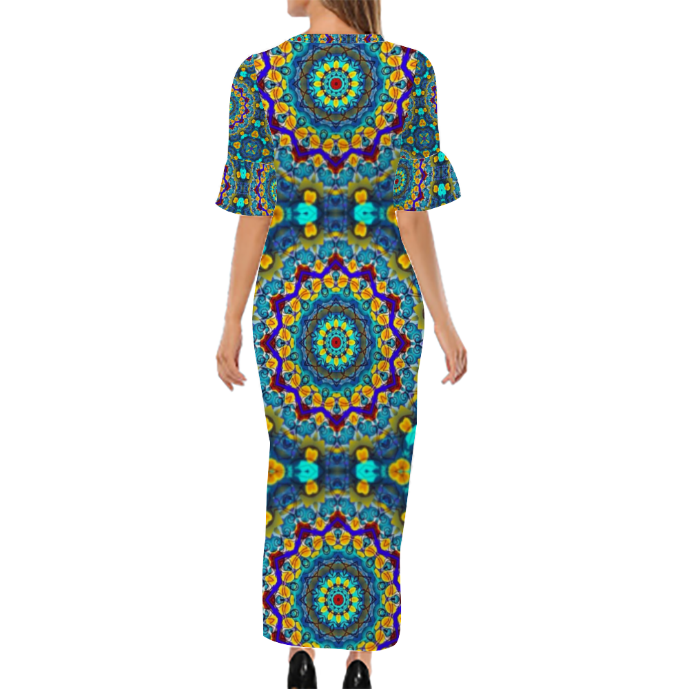 Blur Kaleidoscope Custom Lotus Leaf Short Sleeve Long Dress Women's Summer Fashion Dress